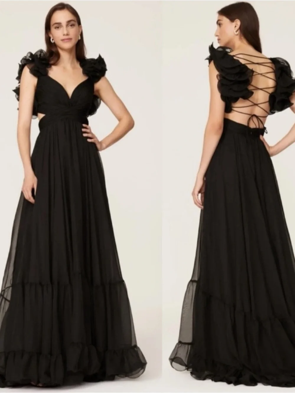 Mac Duggal Ruffled Cutout Gown Maxi Dress in Black Size 8 - Picture 3 of 14